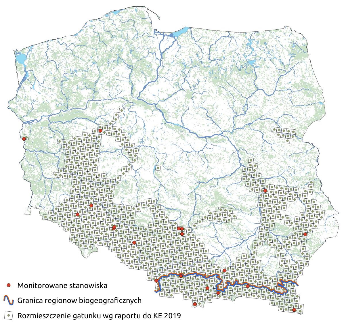 Mapa przedstawiająca rozmieszczenie gatunku Śnieżyczka przebiśnieg. Kliknięcie na zdjęcie spowoduje powiększenie do rozmiarów oryginalnych