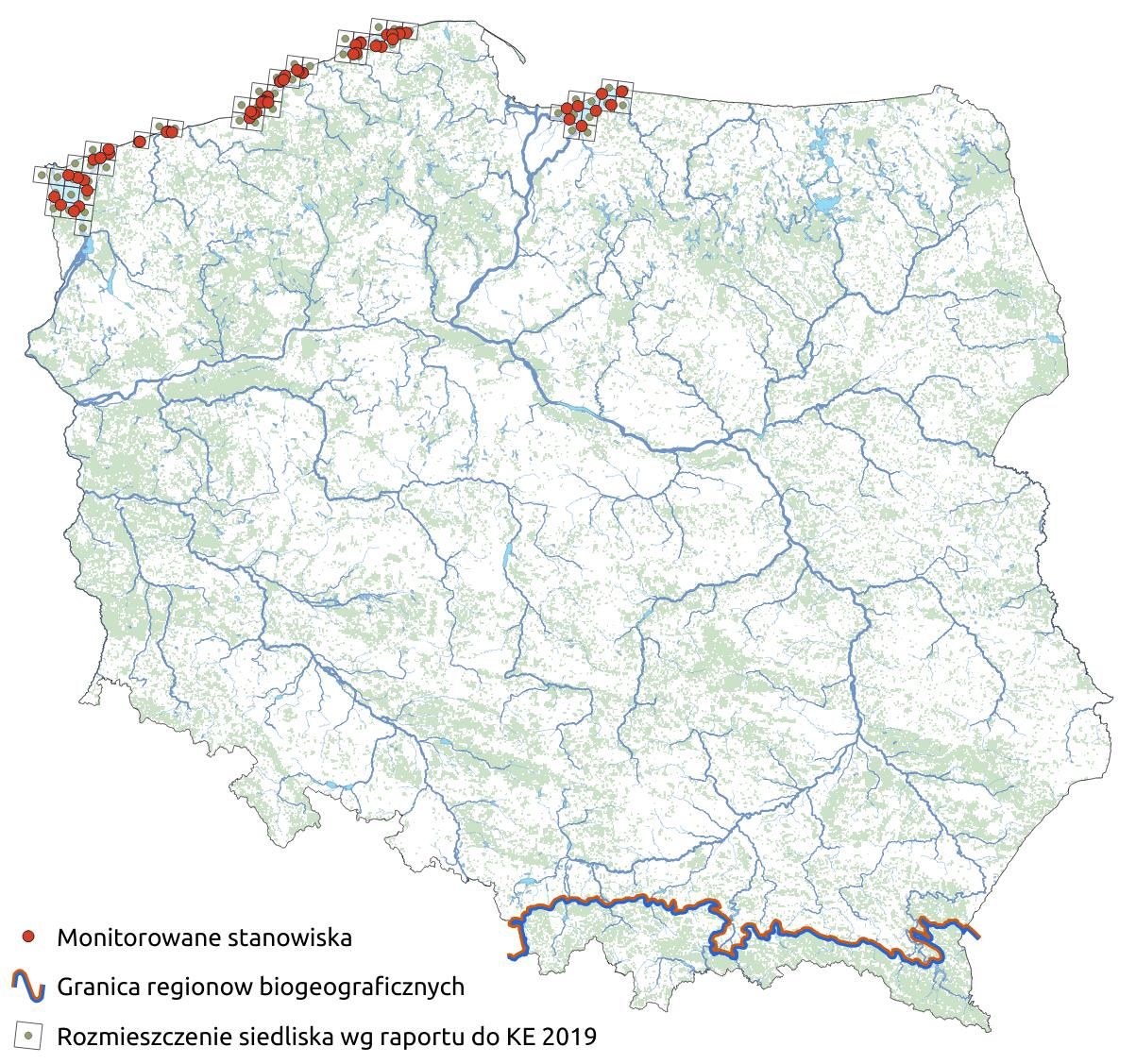 Mapa przedstawiająca występowanie siedliska Zalewy i jeziora przymorskie (laguny). Kliknięcie na zdjęcie spowoduje powiększenie do rozmiarów oryginalnych