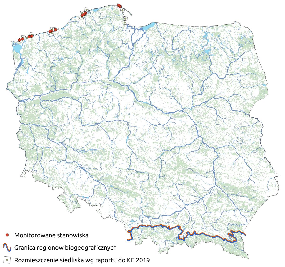 Mapa przedstawiająca występowanie siedliska Klify nadmorskie na wybrzeżu Bałtyku. Kliknięcie na zdjęcie spowoduje powiększenie do rozmiarów oryginalnych