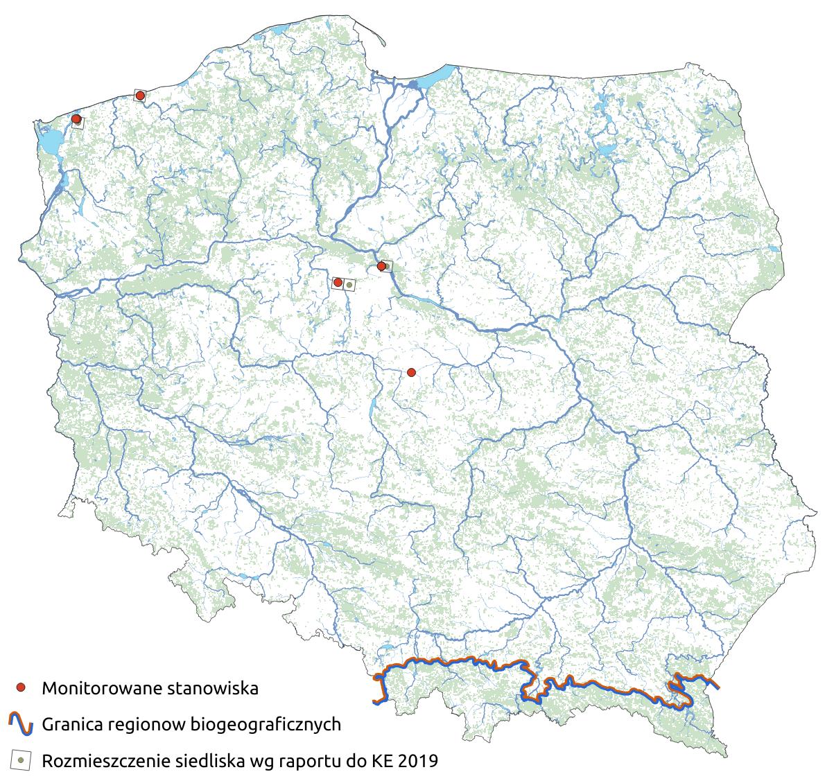 Mapa przedstawiająca występowanie siedliska Śródlądowe błotniste solniska z solirodkiem. Kliknięcie na zdjęcie spowoduje powiększenie do rozmiarów oryginalnych