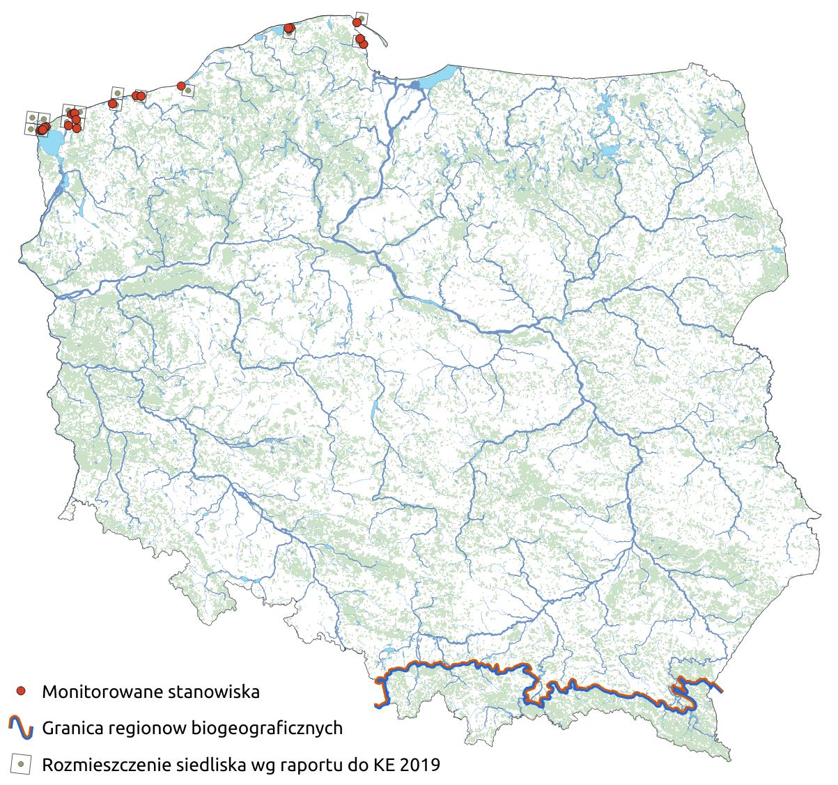 Mapa przedstawiająca występowanie siedliska Solniska nadmorskie. Kliknięcie na zdjęcie spowoduje powiększenie do rozmiarów oryginalnych