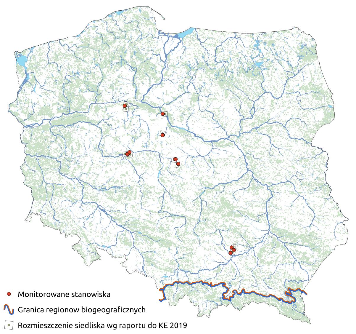 Mapa przedstawiająca występowanie siedliska Śródlądowe słone łąki, pastwiska i szuwary. Kliknięcie na zdjęcie spowoduje powiększenie do rozmiarów oryginalnych
