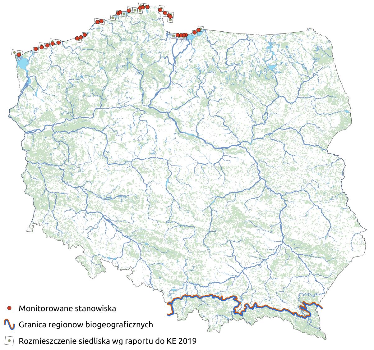 Mapa przedstawiająca występowanie siedliska Inicjalne stadia nadmorskich wydm białych. Kliknięcie na zdjęcie spowoduje powiększenie do rozmiarów oryginalnych