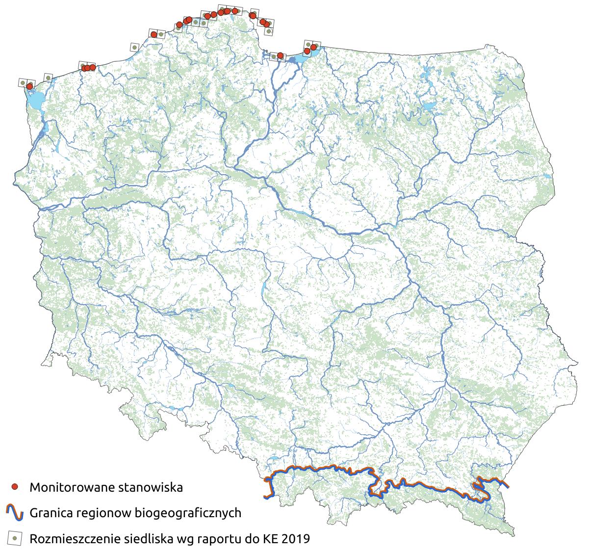 Mapa przedstawiająca występowanie siedliska Nadmorskie wydmy białe. Kliknięcie na zdjęcie spowoduje powiększenie do rozmiarów oryginalnych