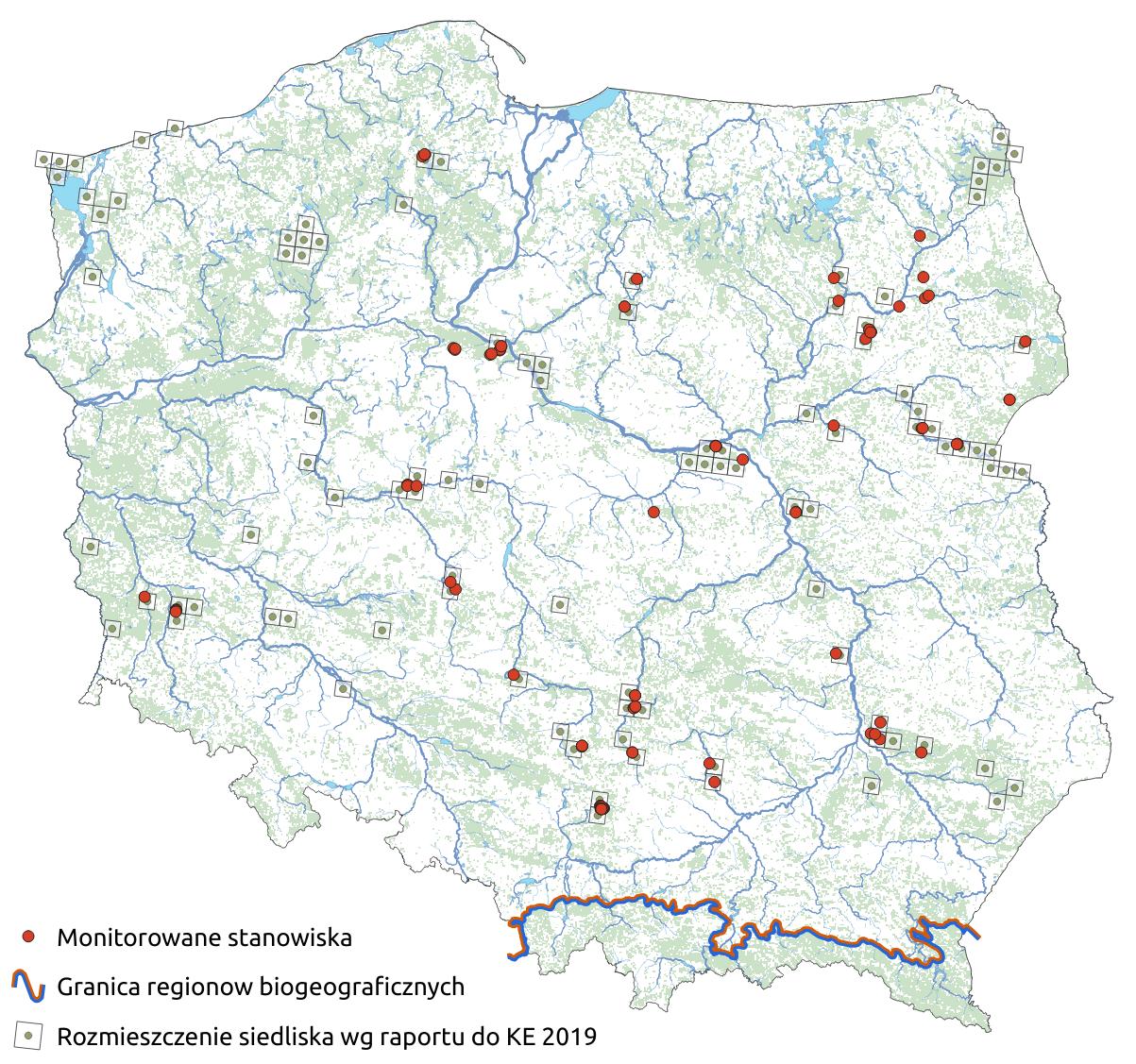 Mapa przedstawiająca występowanie wydm śródlądowych z murawami napiaskowymi. Kliknięcie na zdjęcie spowoduje powiększenie do rozmiarów oryginalnych