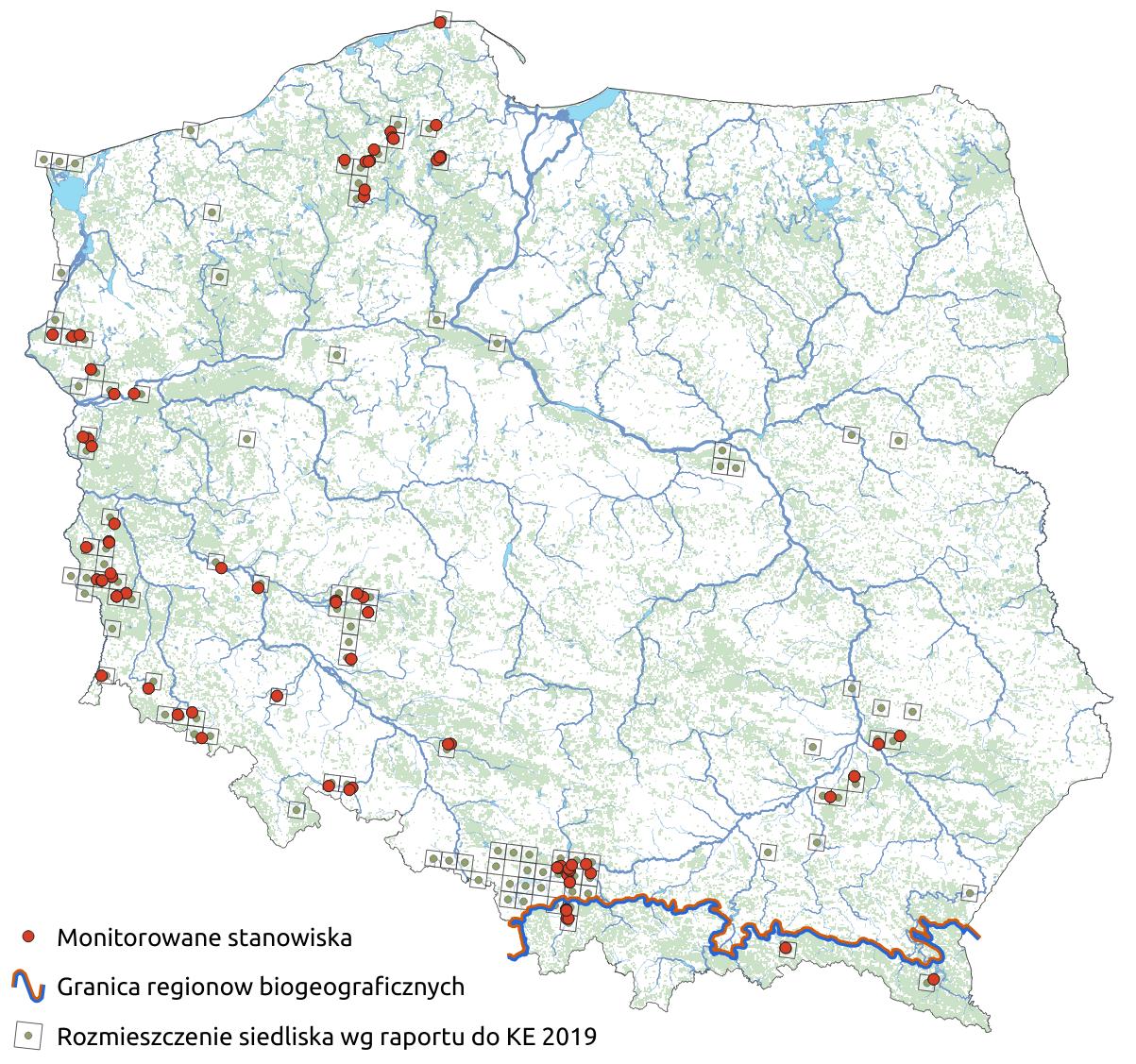 Mapa przedstawiająca występowanie siedliska Brzegi lub osuszane dna zbiorników wodnych ze zbiorowiskami z Littorelletea, Isoëto-Nanojuncetea. Kliknięcie na zdjęcie spowoduje powiększenie do rozmiarów oryginalnych