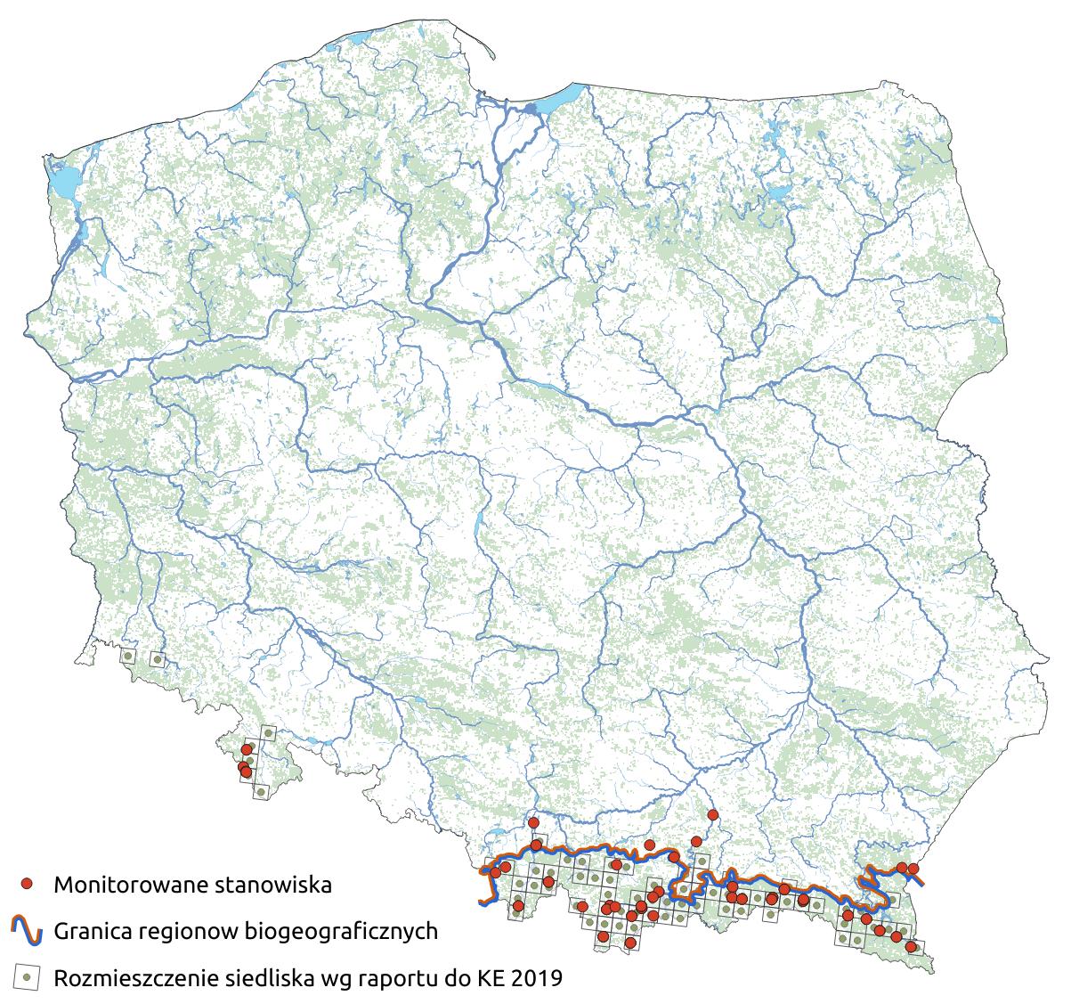 Mapa przedstawiająca występowanie siedliska Pionierska roślinność na kamieńcach górskich potoków. Kliknięcie na zdjęcie spowoduje powiększenie do rozmiarów oryginalnych