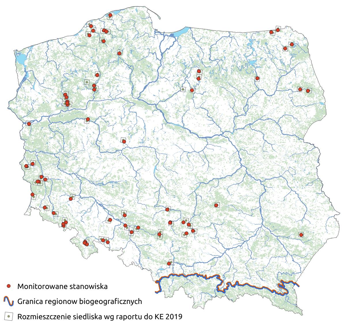 Mapa przedstawiająca występowanie siedliska Nizinne i podgórskie rzeki ze zbiorowiskami włosieniczników. Kliknięcie na zdjęcie spowoduje powiększenie do rozmiarów oryginalnych