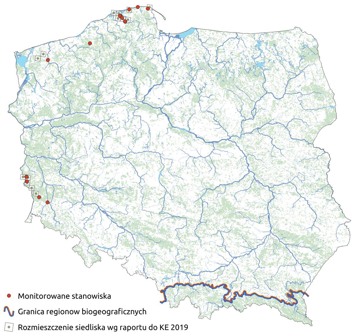 Mapa przedstawiająca występowanie siedliska Wilgotne wrzosowiska z wrzoścem bagiennym Erica tetralix. Kliknięcie na zdjęcie spowoduje powiększenie do rozmiarów oryginalnych