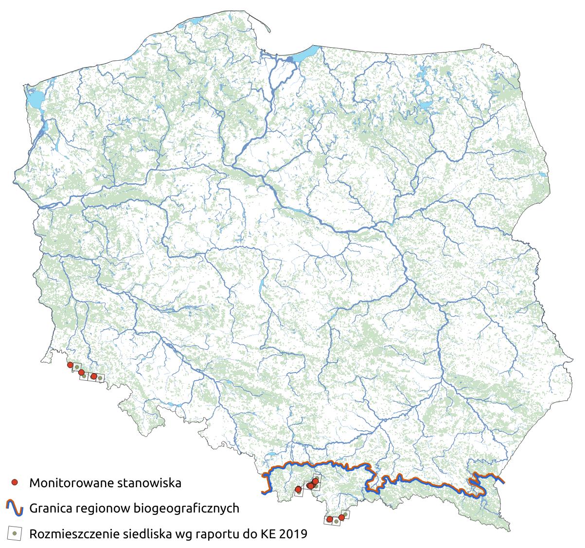 Mapa przedstawiająca występowanie siedliska Zarośla kosodrzewiny. Kliknięcie na zdjęcie spowoduje powiększenie do rozmiarów oryginalnych