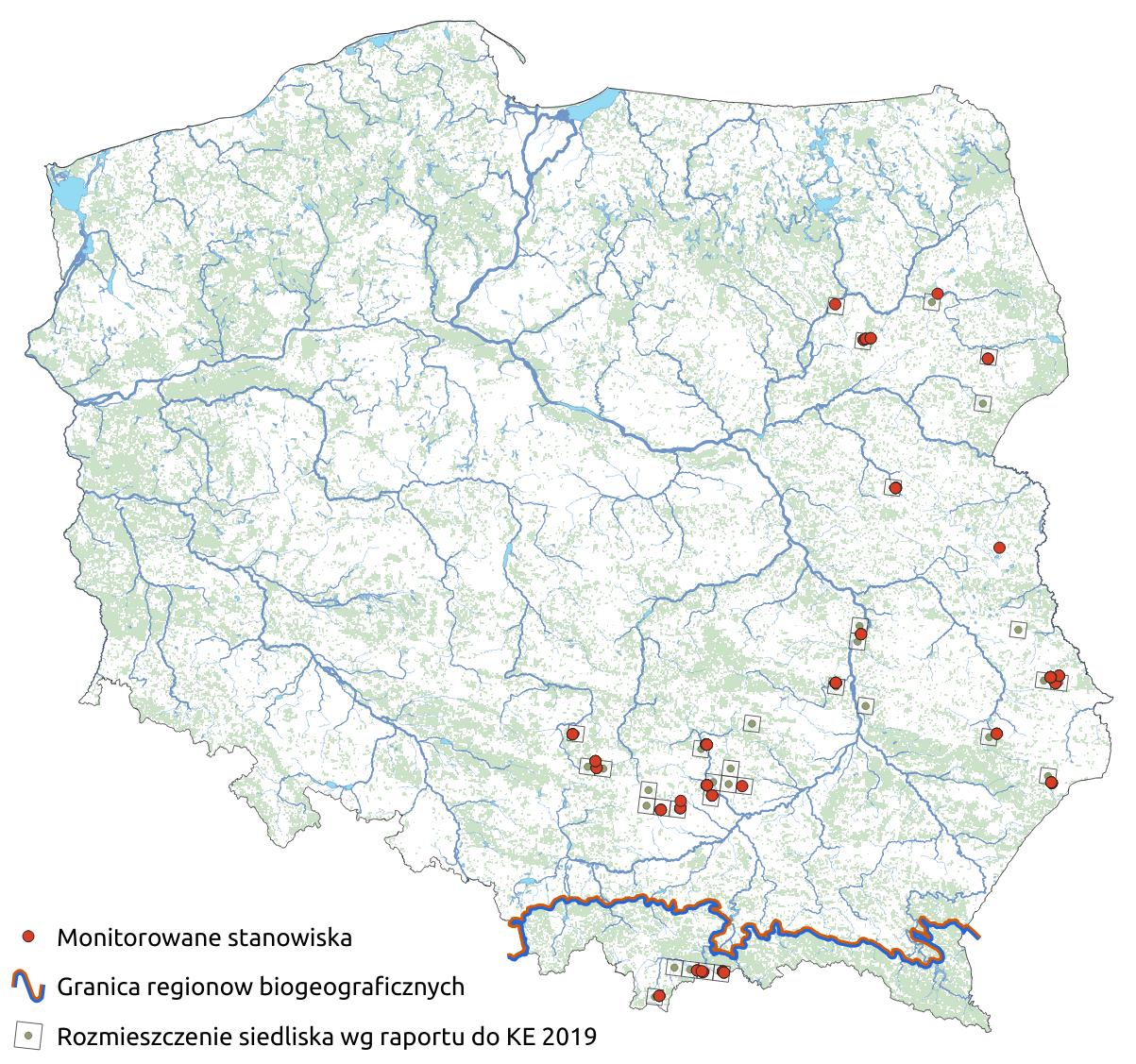 Mapa przedstawiająca występowanie siedliska Zarośla jałowca pospolitego w murawach nawapiennych lub na wrzosowiskach. Kliknięcie na zdjęcie spowoduje powiększenie do rozmiarów oryginalnych