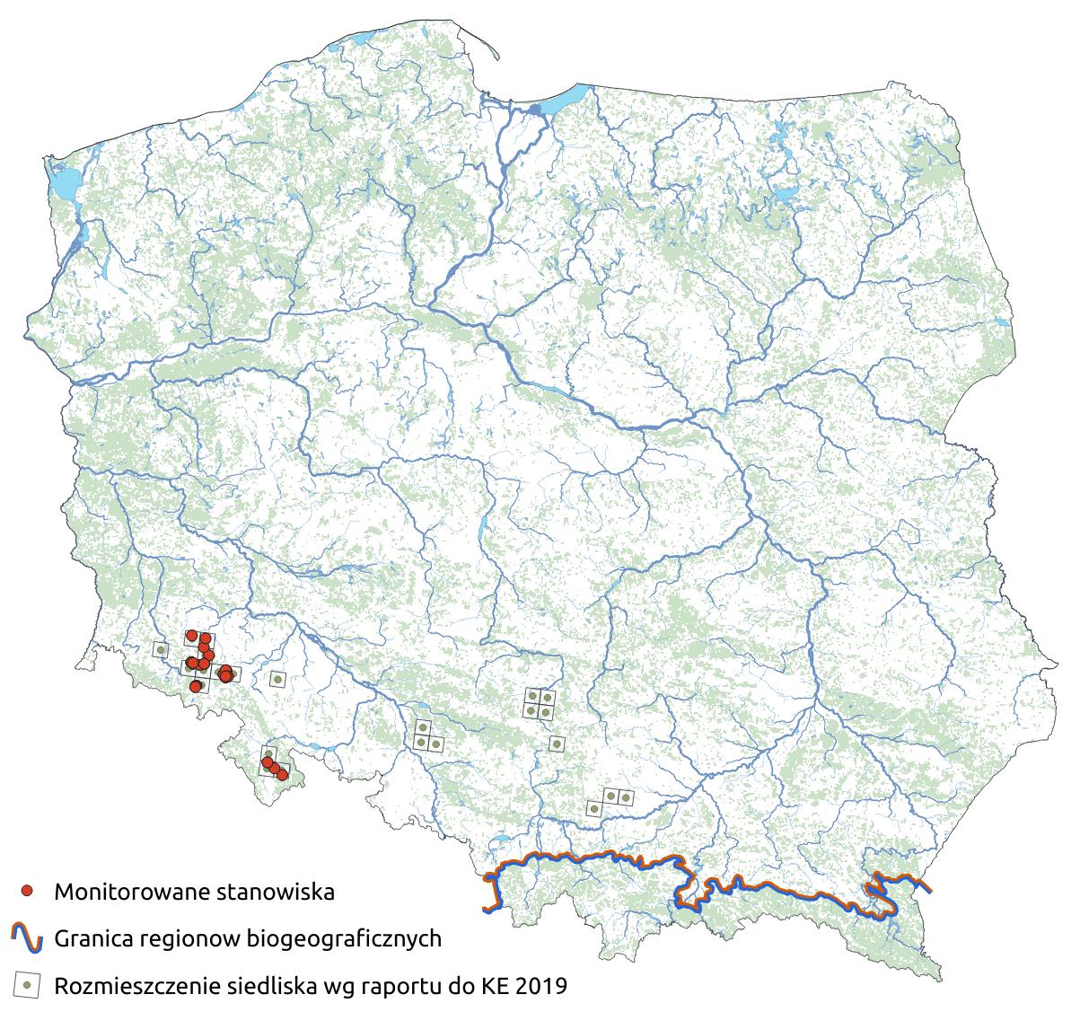 Mapa przedstawiająca występowanie siedliska Skały wapienne i neutrofilne z roślinnością pionierską. Kliknięcie na zdjęcie spowoduje powiększenie do rozmiarów oryginalnych
