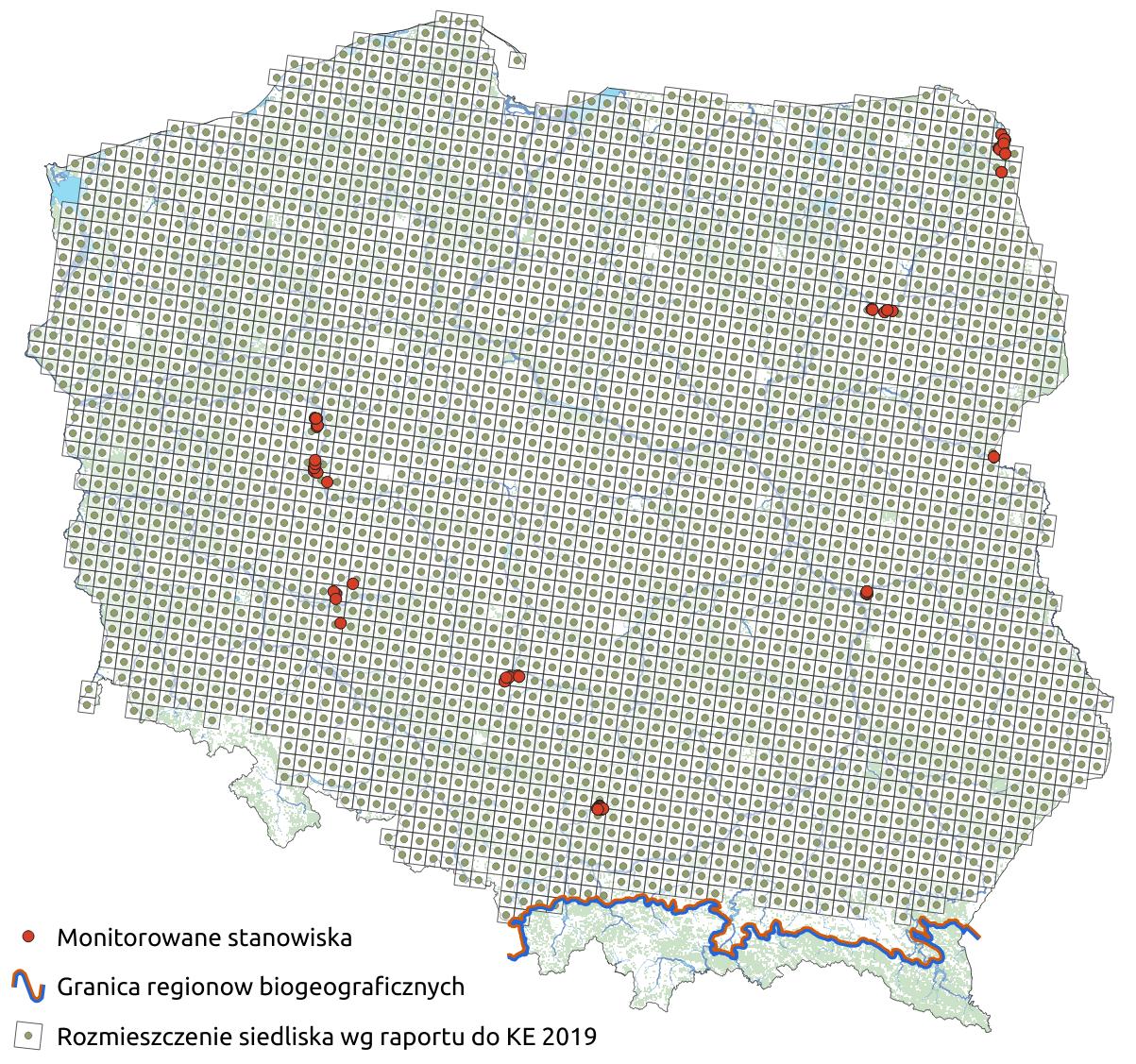 Mapa przedstawiająca występowanie siedliska Ciepłolubne, śródlądowe murawy napiaskowe. Kliknięcie na zdjęcie spowoduje powiększenie do rozmiarów oryginalnych