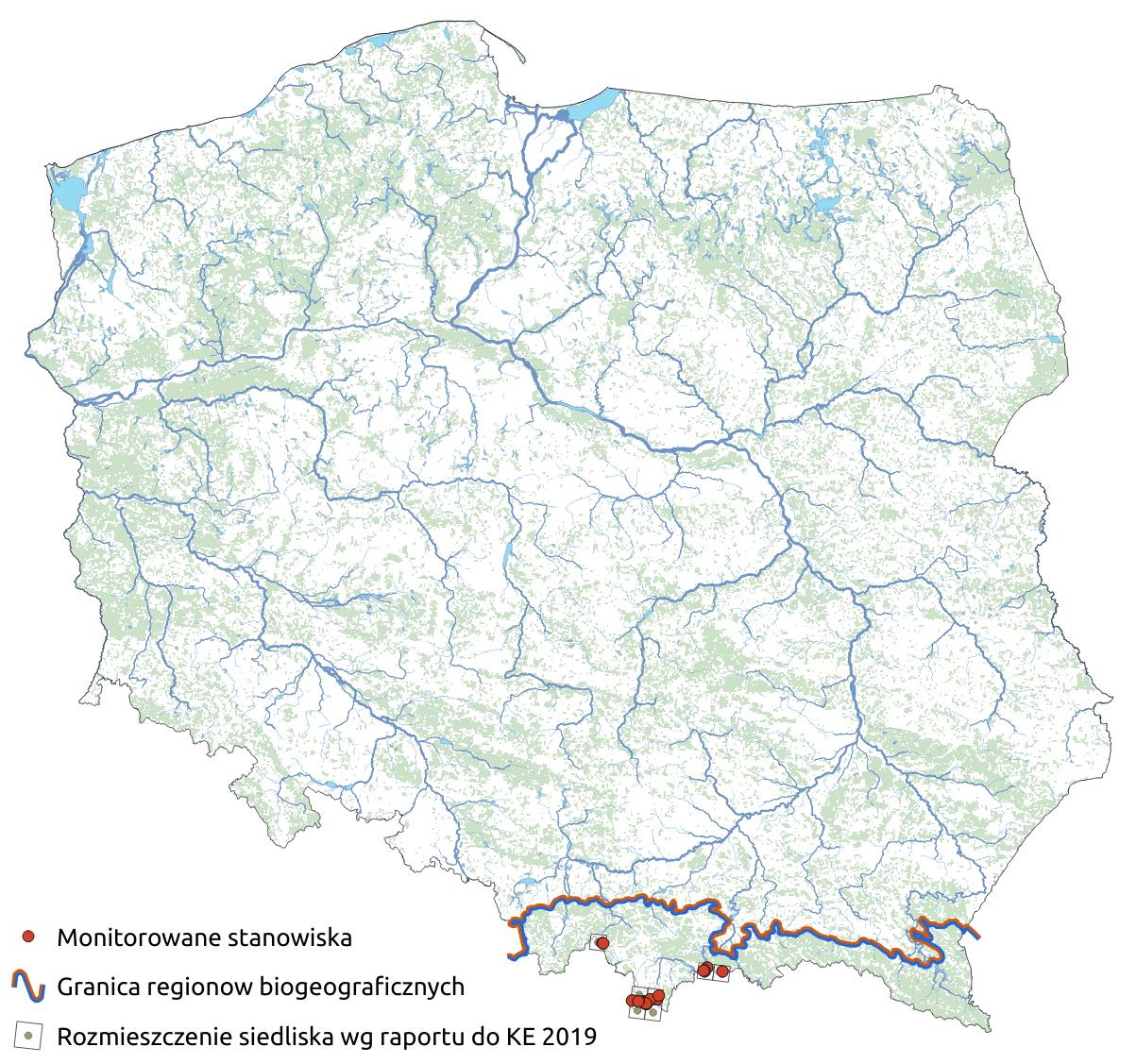 Mapa przedstawiająca występowanie siedliska Nawapienne murawy wysokogórskie i wyleżyska śnieżne. Kliknięcie na zdjęcie spowoduje powiększenie do rozmiarów oryginalnych