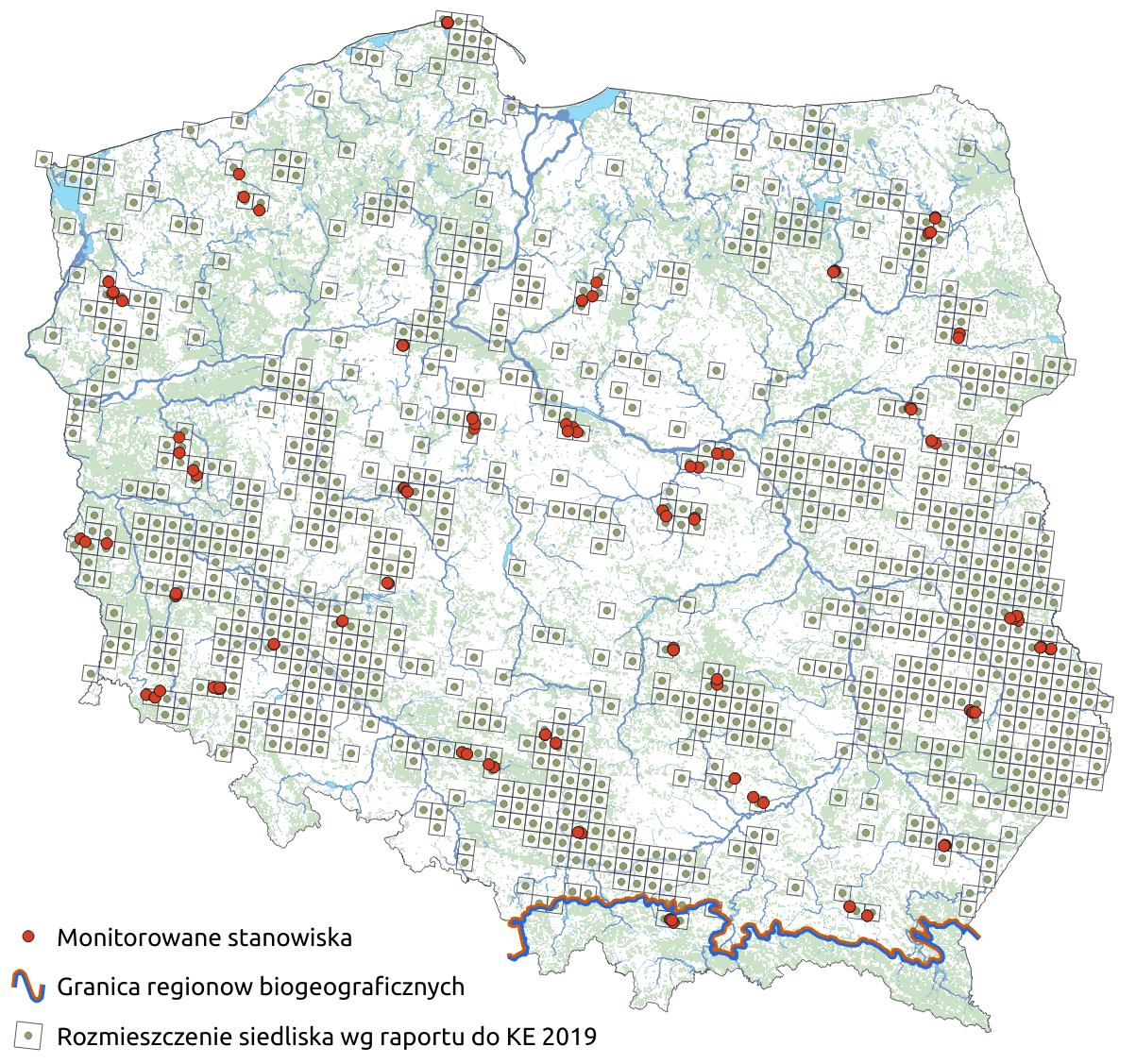 Mapa przedstawiająca występowanie Zmiennowilgotne łąki trzęślicowe. Kliknięcie na zdjęcie spowoduje powiększenie do rozmiarów oryginalnych