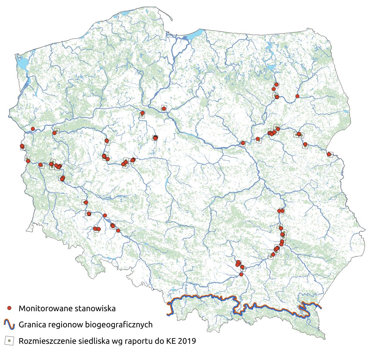 Mapa przedstawiająca występowanie siedliska Łąki selernicowe. Kliknięcie na zdjęcie spowoduje powiększenie do rozmiarów oryginalnych