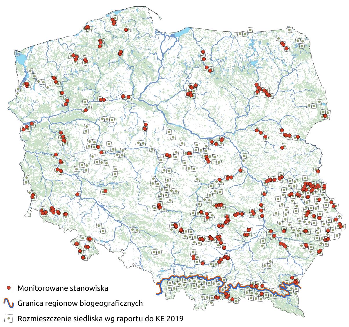 Mapa przedstawiająca występowanie siedliska Ekstensywnie użytkowane niżowe łąki świeże. Kliknięcie na zdjęcie spowoduje powiększenie do rozmiarów oryginalnych
