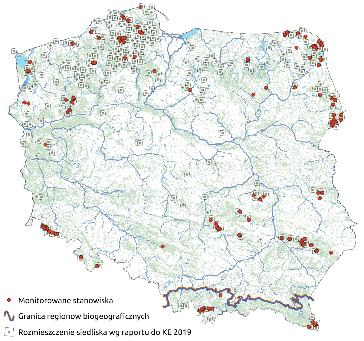 Mapa przedstawiająca występowanie siedliska Torfowiska wysokie z roślinnością torfotwórczą (żywe). Kliknięcie na zdjęcie spowoduje powiększenie do rozmiarów oryginalnych