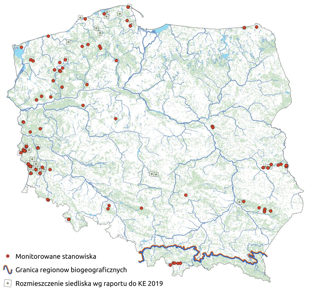 Mapa przedstawiająca występowanie siedliska Obniżenia na podłożu torfowym z roślinnością ze związku Rhynchosporion. Kliknięcie na zdjęcie spowoduje powiększenie do rozmiarów oryginalnych