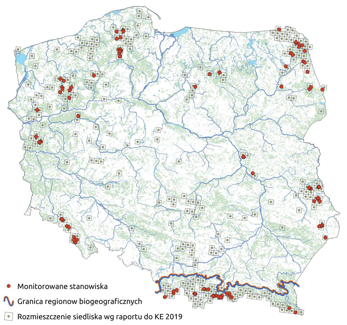 Mapa przedstawiająca występowanie siedliska Górskie i nizinne torfowiska zasadowe o charakterze młak, turzycowisk i mechowisk. Kliknięcie na zdjęcie spowoduje powiększenie do rozmiarów oryginalnych