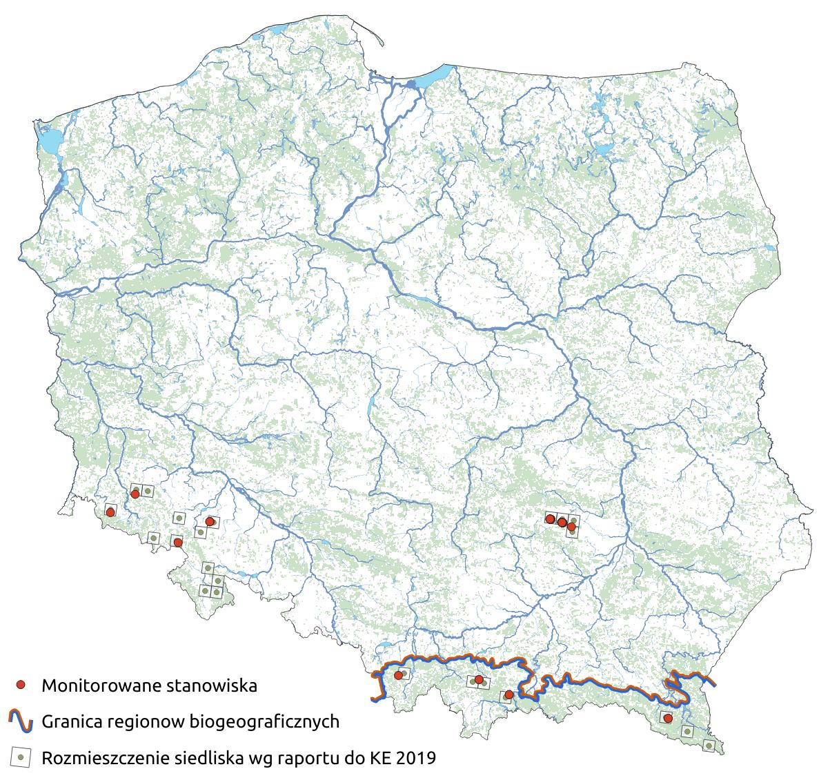Mapa przedstawiająca występowanie siedliska Środkowoeuropejskie wyżynne piargi i gołoborza krzemianowe. Kliknięcie na zdjęcie spowoduje powiększenie do rozmiarów oryginalnych
