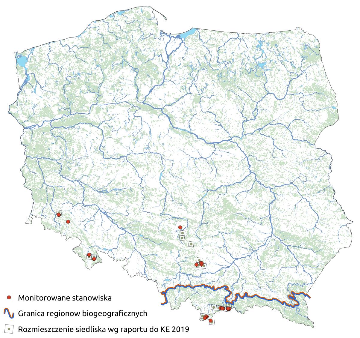 Mapa przedstawiająca występowanie siedliska Podgórskie i wyżynne rumowiska wapienne ze zbiorowiskami ze Stipion calamagrostis. Kliknięcie na zdjęcie spowoduje powiększenie do rozmiarów oryginalnych