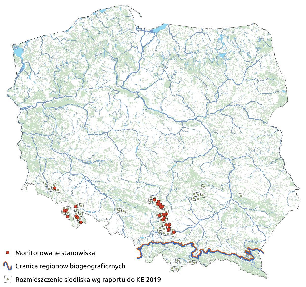 Mapa przedstawiająca występowanie siedliska Wapienne ściany skalne ze zbiorowiskami Potentilletalia caulescentis. Kliknięcie na zdjęcie spowoduje powiększenie do rozmiarów oryginalnych