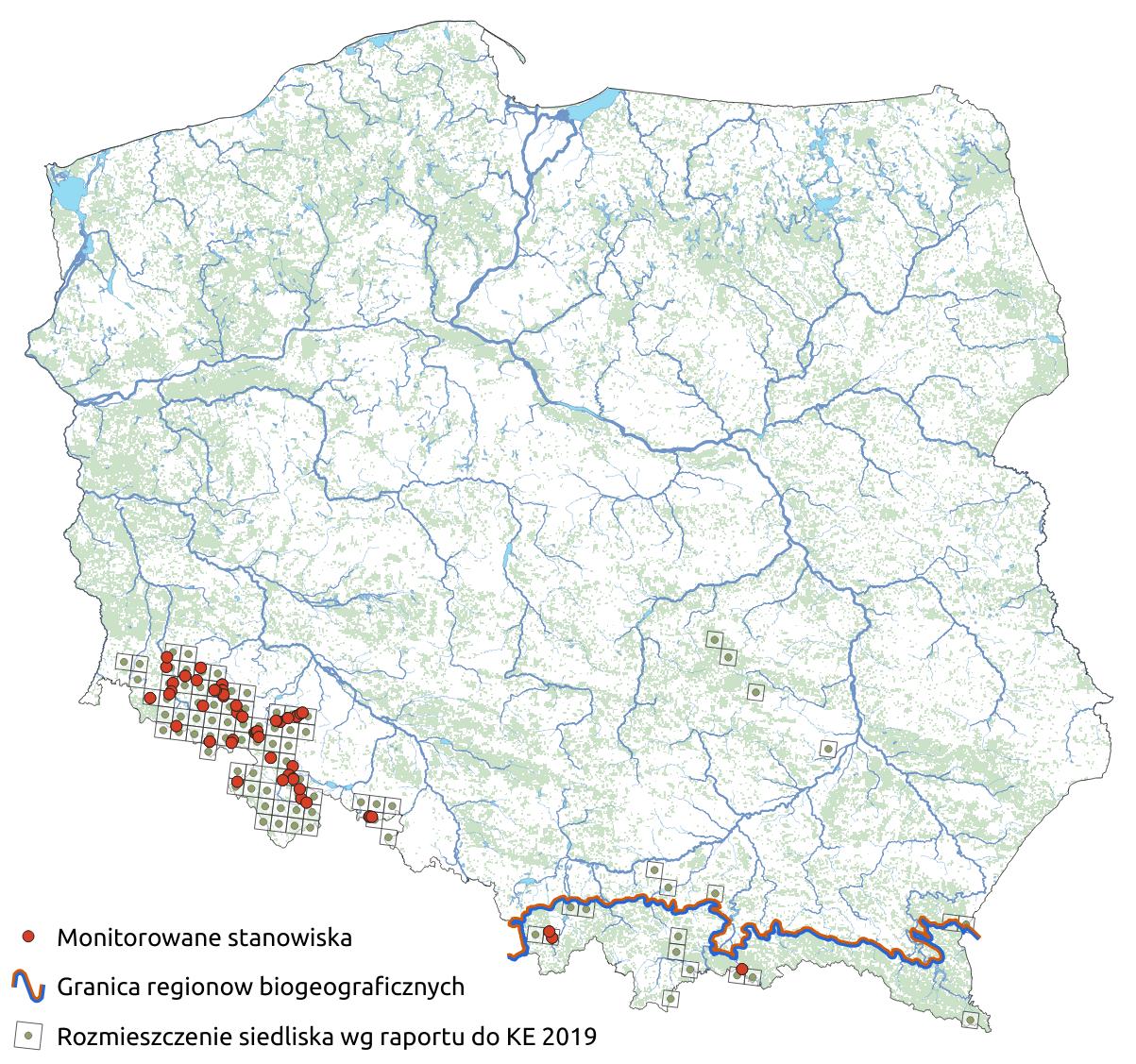 Mapa przedstawiająca występowanie siedliska Ściany skalne i urwiska krzemianowe ze zbiorowiskami z Androsacion vandelii. Kliknięcie na zdjęcie spowoduje powiększenie do rozmiarów oryginalnych
