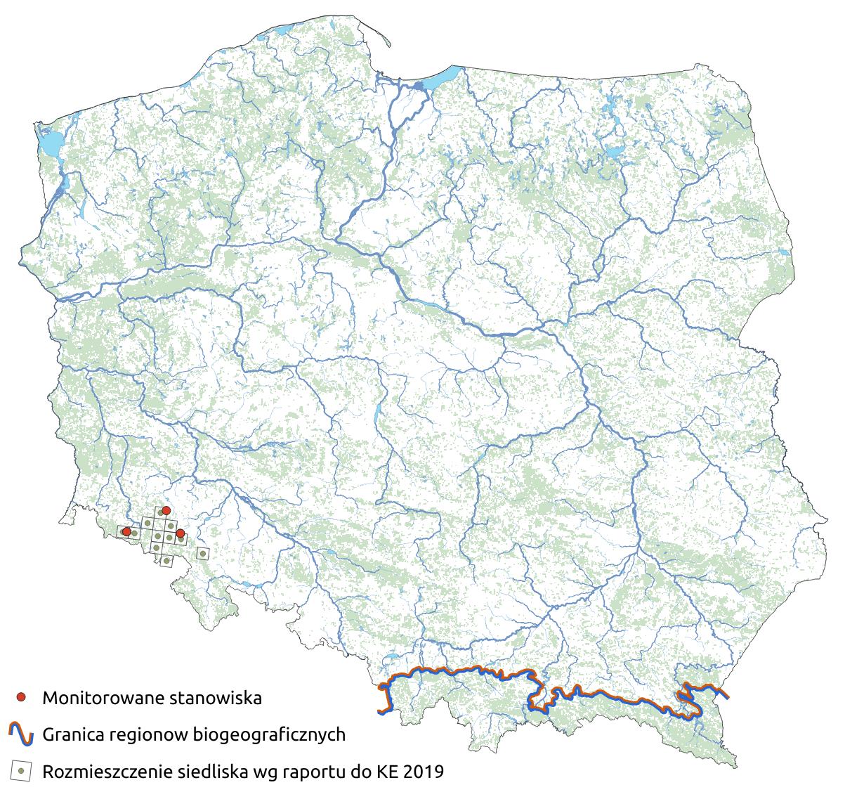 Mapa przedstawiająca występowanie siedliska Pionierskie murawy na skałach krzemianowych. Kliknięcie na zdjęcie spowoduje powiększenie do rozmiarów oryginalnych