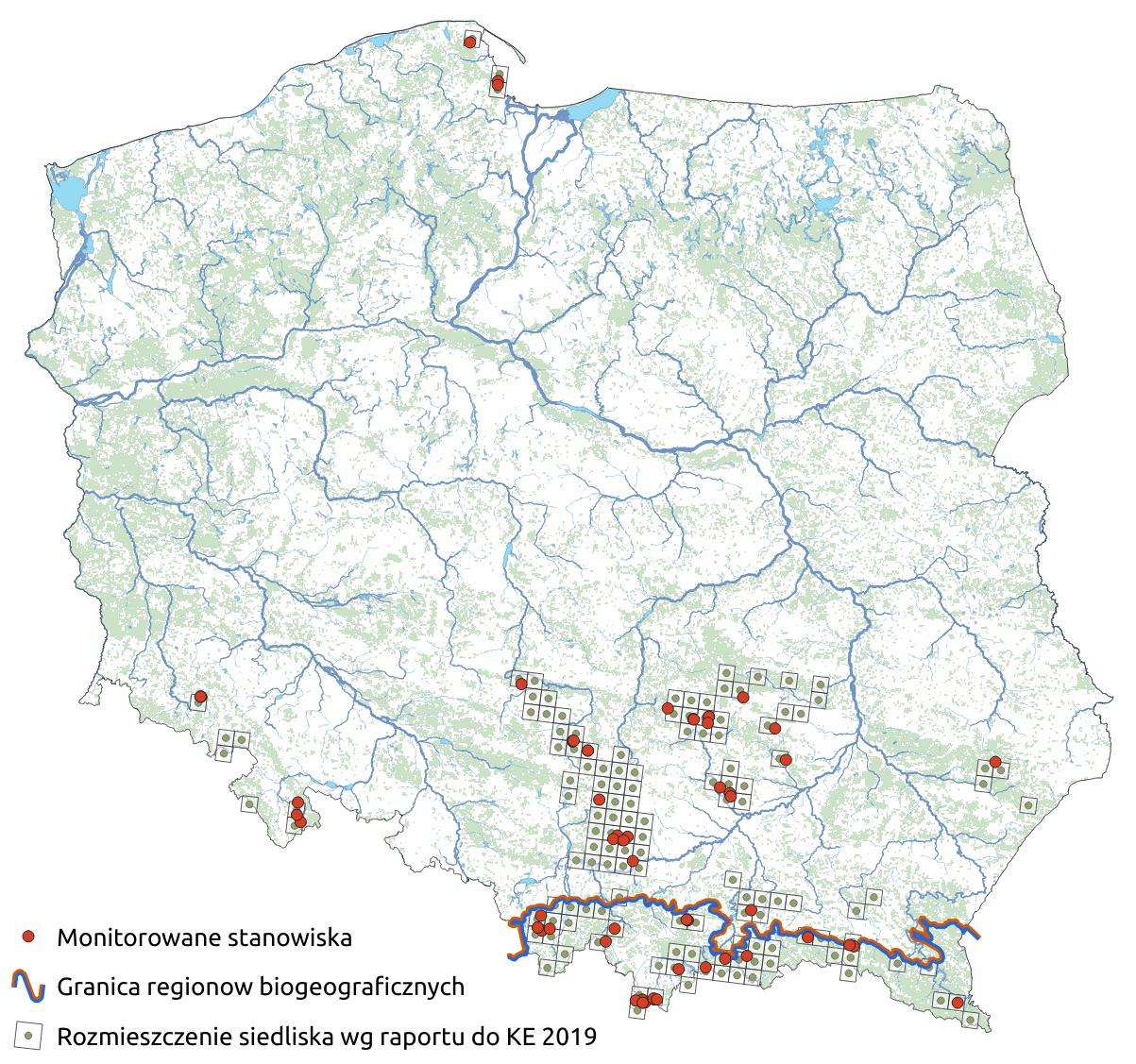 Mapa przedstawiająca występowanie siedliska Jaskinie nieudostępnione do zwiedzania. Kliknięcie na zdjęcie spowoduje powiększenie do rozmiarów oryginalnych