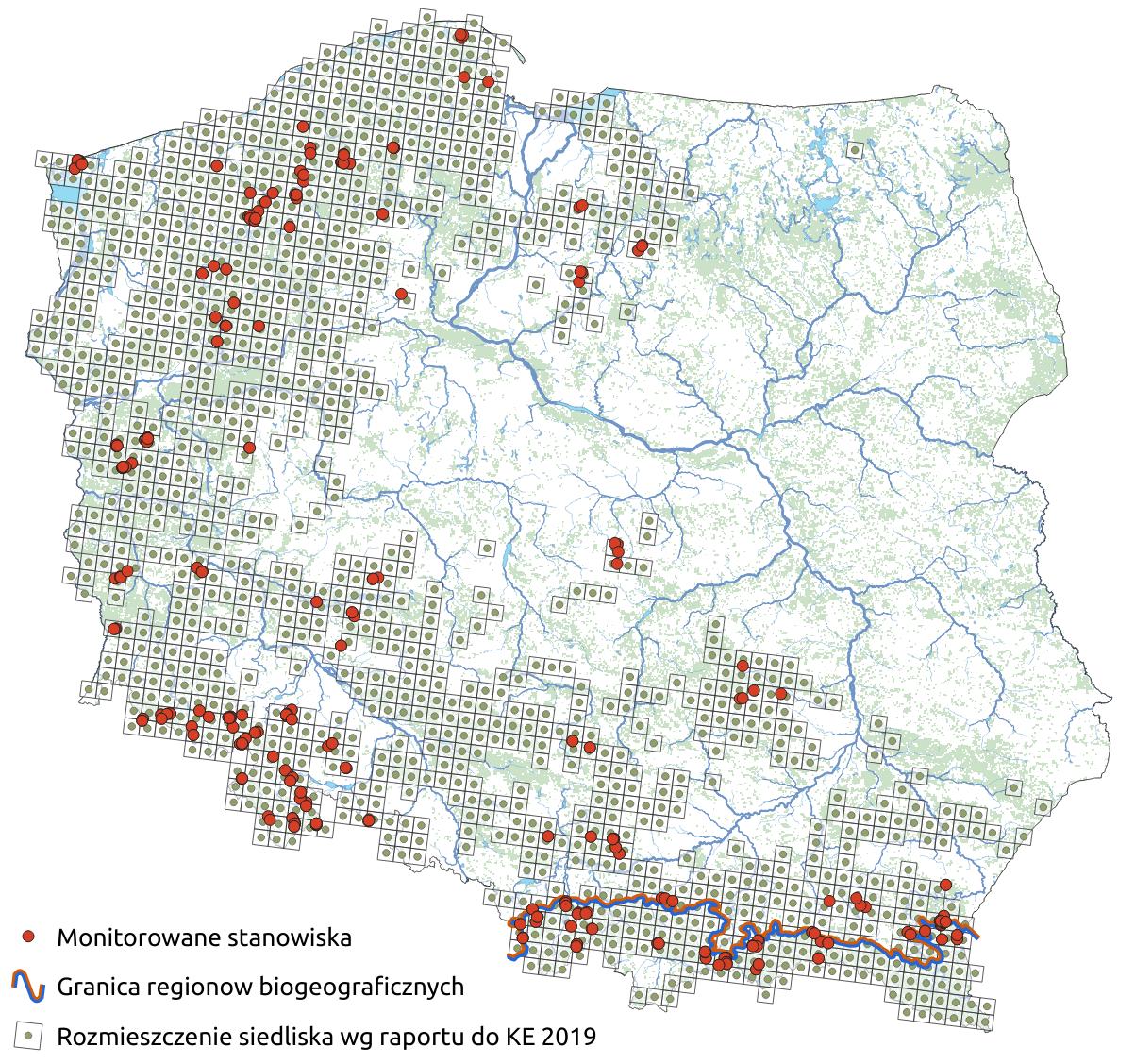 Mapa przedstawiająca występowanie siedliska Kwaśne buczyny. Kliknięcie na zdjęcie spowoduje powiększenie do rozmiarów oryginalnych