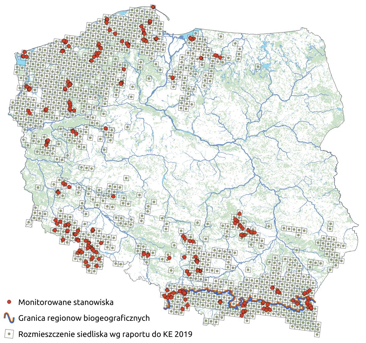 Mapa przedstawiająca występowanie siedliska Żyzne buczyny. Kliknięcie na zdjęcie spowoduje powiększenie do rozmiarów oryginalnych