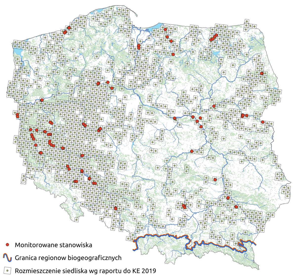 Mapa przedstawiająca występowanie łęgowych lasów dębowo-wiązowo-jesionowych. Kliknięcie na zdjęcie spowoduje powiększenie do rozmiarów oryginalnych