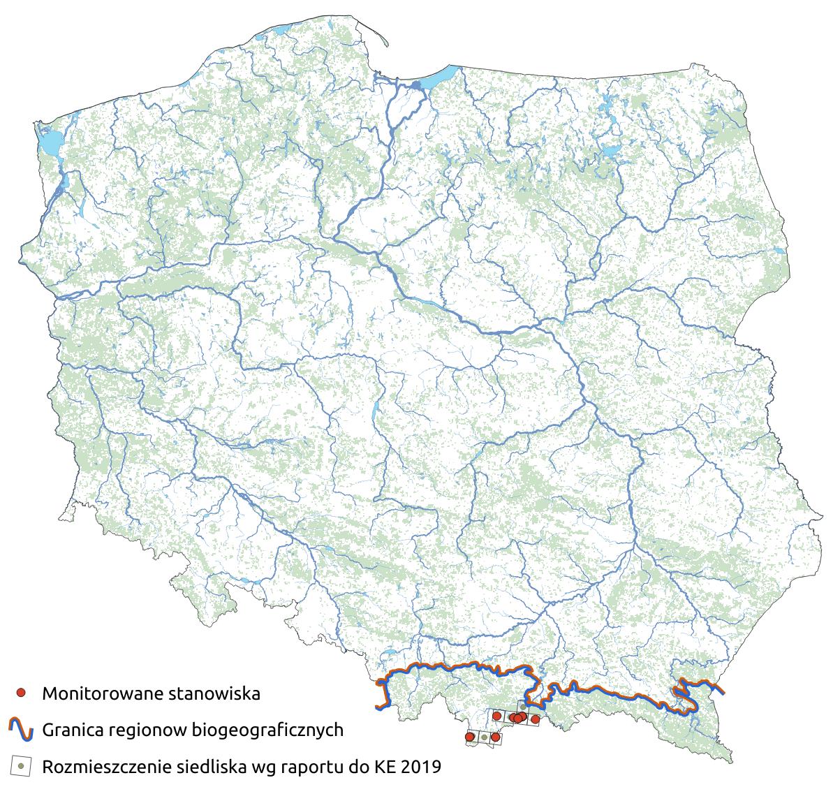 Mapa przedstawiająca występowanie siedliska Górskie reliktowe laski sosnowe. Kliknięcie na zdjęcie spowoduje powiększenie do rozmiarów oryginalnych