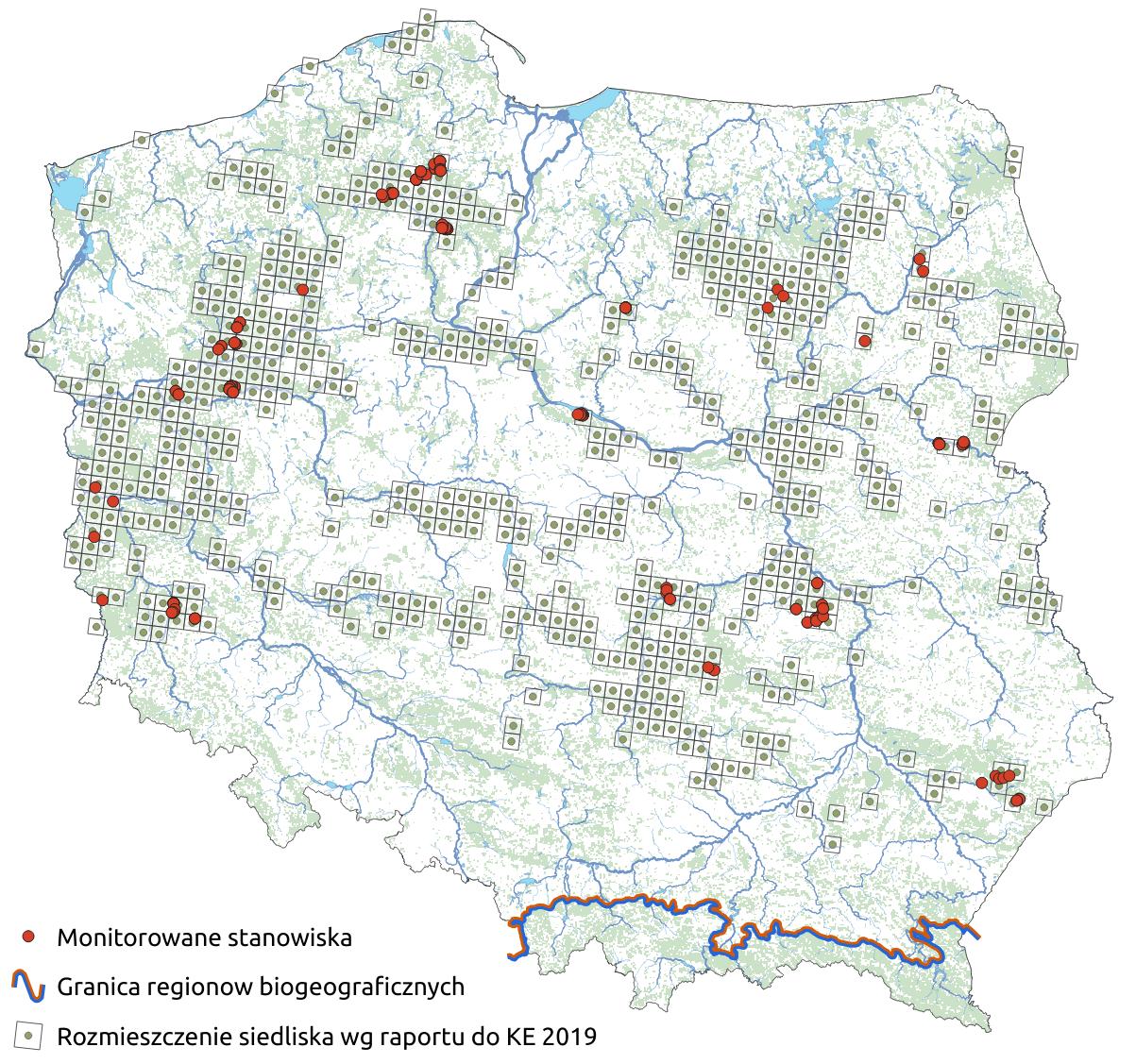 Mapa przedstawiająca występowanie siedliska Śródlądowy bór chrobotkowy. Kliknięcie na zdjęcie spowoduje powiększenie do rozmiarów oryginalnych