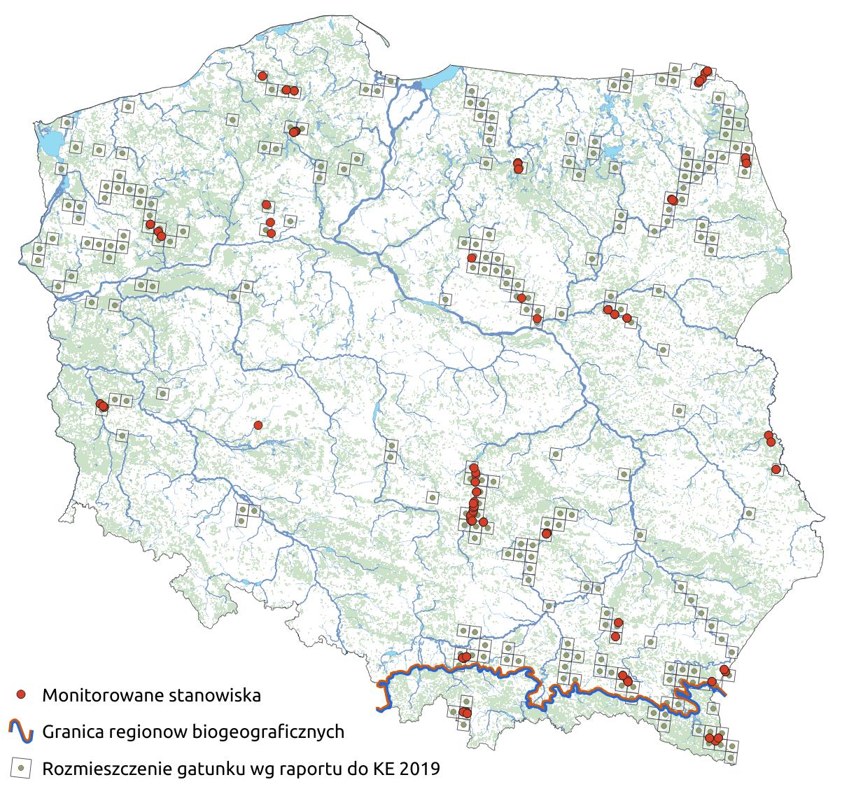 Mapa przedstawiająca rozmieszczenie gatunku skójka gruboskorupowa. Kliknięcie na zdjęcie spowoduje powiększenie do rozmiarów oryginalnych