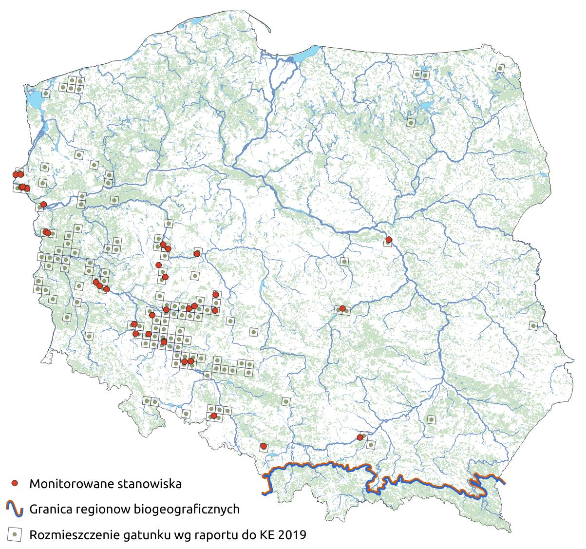 Mapa przedstawiająca rozmieszczenie gatunku kozioróg dębosz. Kliknięcie na zdjęcie spowoduje powiększenie do rozmiarów oryginalnych