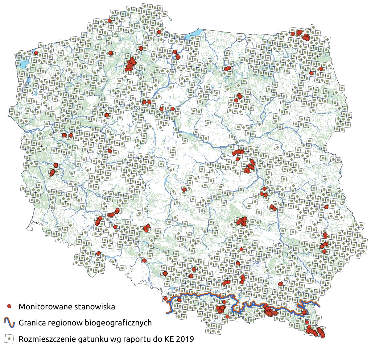 Mapa przedstawiająca rozmieszczenie gatunku żaba trawna. Kliknięcie na zdjęcie spowoduje powiększenie do rozmiarów oryginalnych