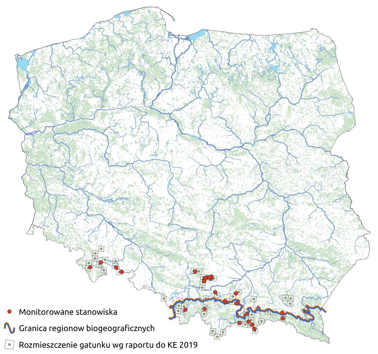 Mapa przedstawiająca rozmieszczenie gatunku nocek orzęsiony. Kliknięcie na zdjęcie spowoduje powiększenie do rozmiarów oryginalnych