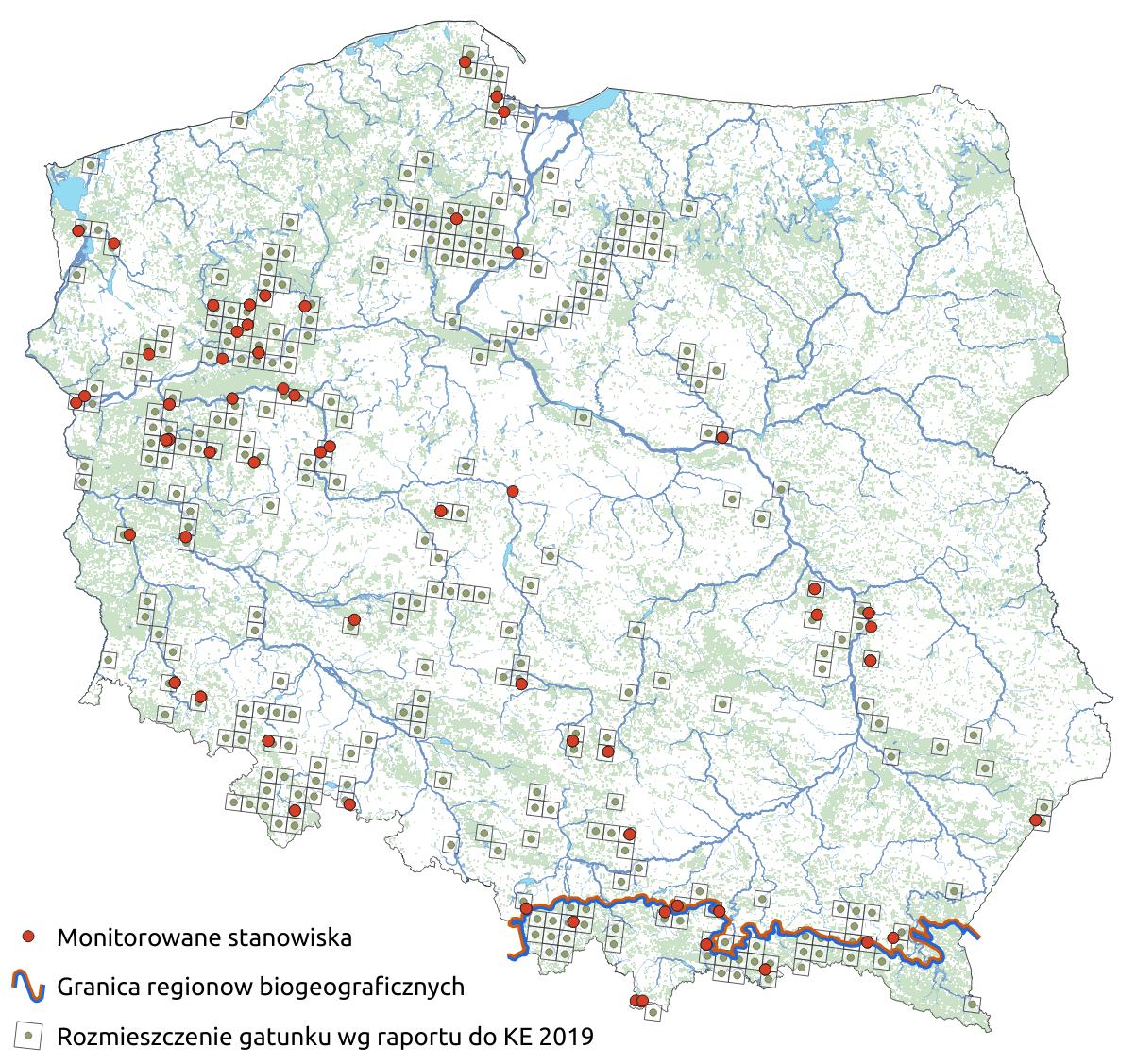 Mapa przedstawiająca rozmieszczenie gatunku nocek duży. Kliknięcie na zdjęcie spowoduje powiększenie do rozmiarów oryginalnych