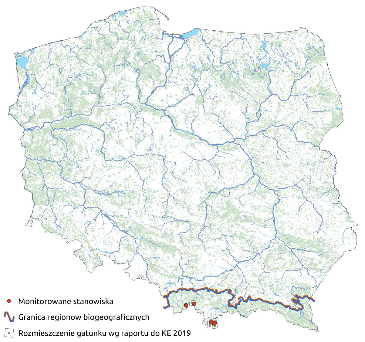 Mapa przedstawiająca rozmieszczenie gatunku darniówka tatrzańska. Kliknięcie na zdjęcie spowoduje powiększenie do rozmiarów oryginalnych
