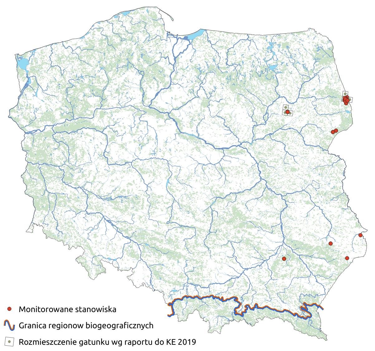 Mapa przedstawia rozmieszczenie stanowisk monitoringowych gatunku szlaczkoń szafraniec. Kliknięcie na mapę spowoduje powiększenie do rozmiarów oryginalnych