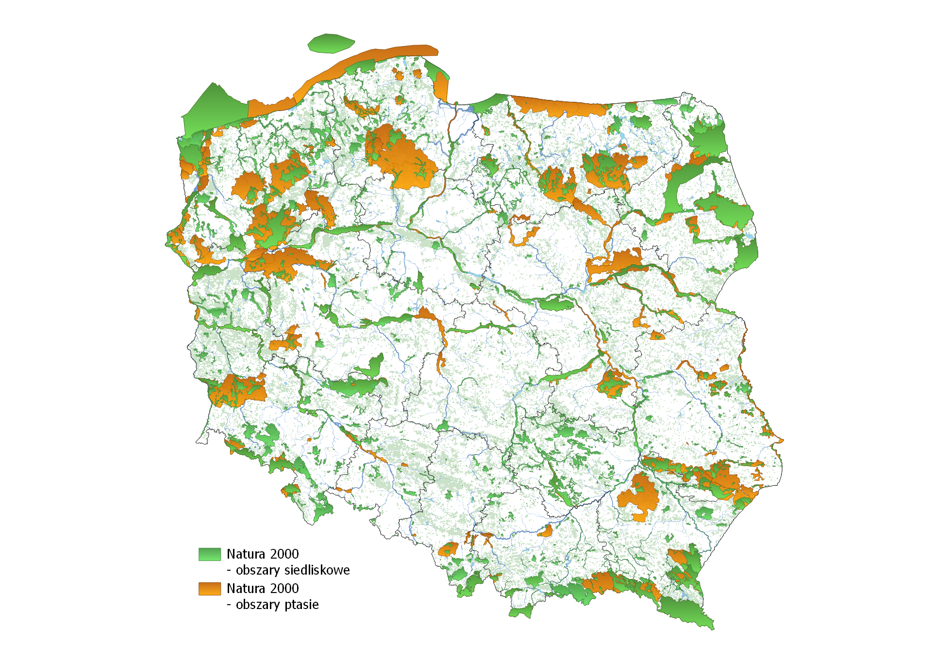 Mapa Natura 2000 - prezentuje obszary siedliskowe oraz obszary ptasie