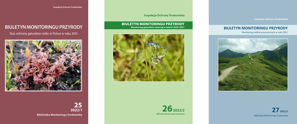 Okładki trzech numerów Biuletynu Monitoringu Przyrody wydanych w 2022 roku