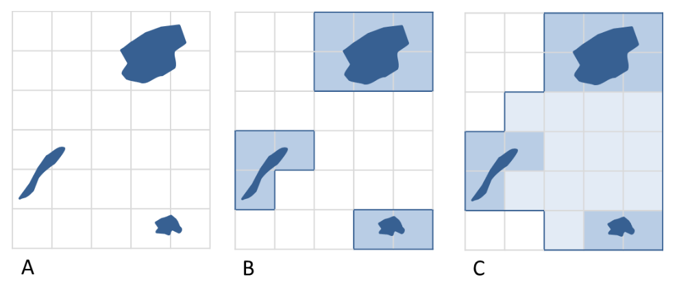 Zależność pomiędzy występowaniem gatunku/siedliska, mapą jego rozmieszczenia oraz mapą zasięgu. A - występowanie gatunku/siedliska, B - mapa rozmieszczenia w siatce kwadratów 10 x 10 km, C - mapa zasięgu w siatce kwadratów 10 x 10 km.